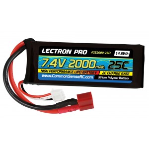Lectron Pro 7.4V 2000mAh 25C Lipo Battery with Deans-type Connector for 1/16 & 1/18 Scale Cars & Trucks